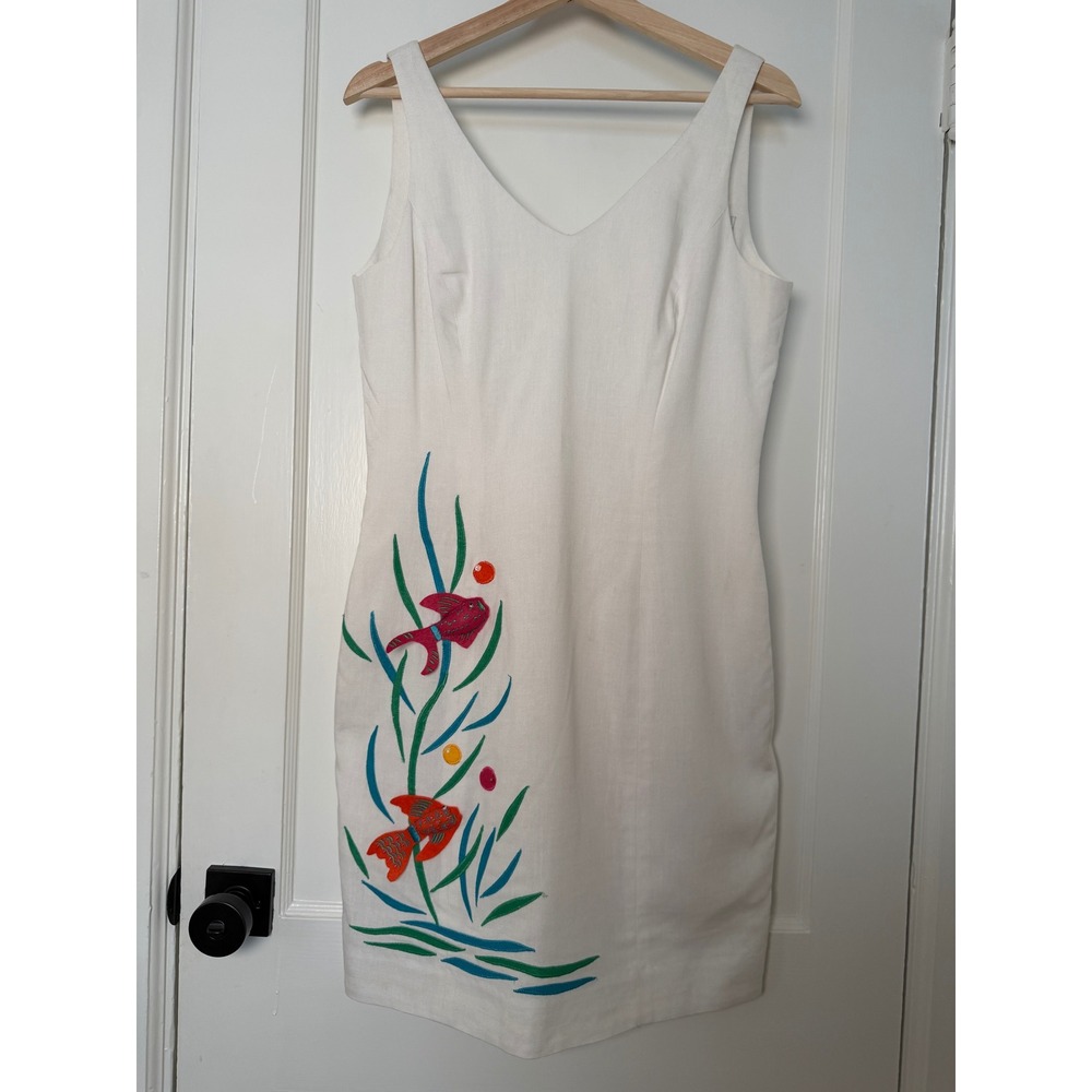 VTG 90s DL Deborah Laws Linen Rayon Shift Dress Embroidered Fish Tropical Sz 10